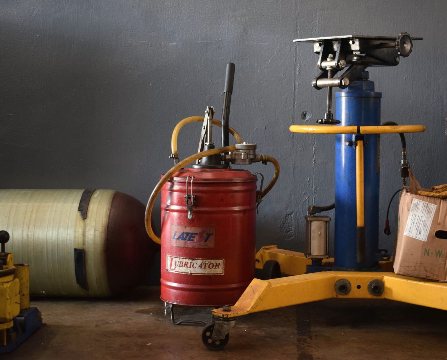 Fluid and lubricant carts standing in a workshop